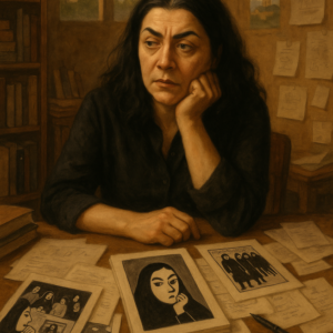 Mujer pensativa en escritorio con ilustraciones