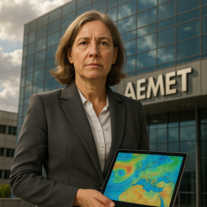 Mujer con tablet frente a sede AEMET